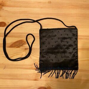 Black beaded cocktail/ evening purse w/ beaded fringe, 6" X 6", like new
